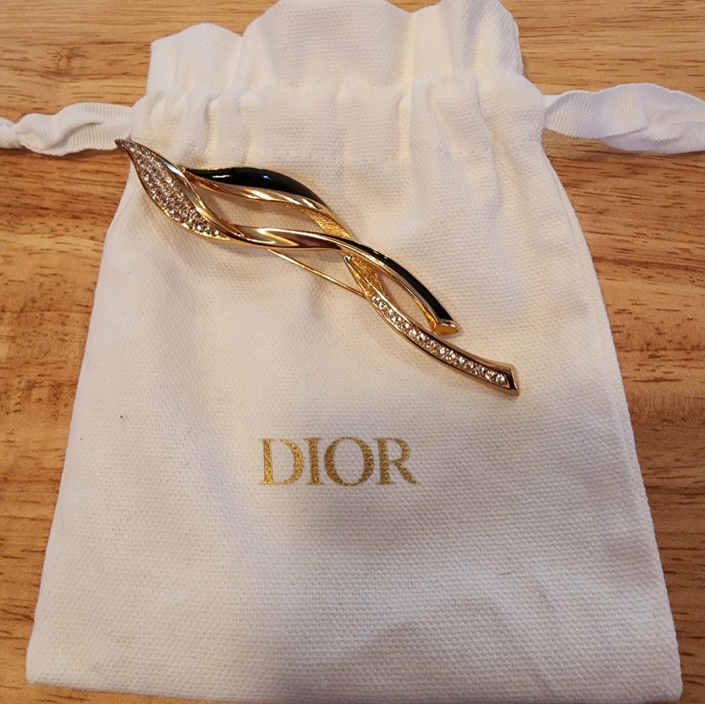Designer Christian Dior Pave Black Enamel & Swarovski Crystal Brooch & Dust bag